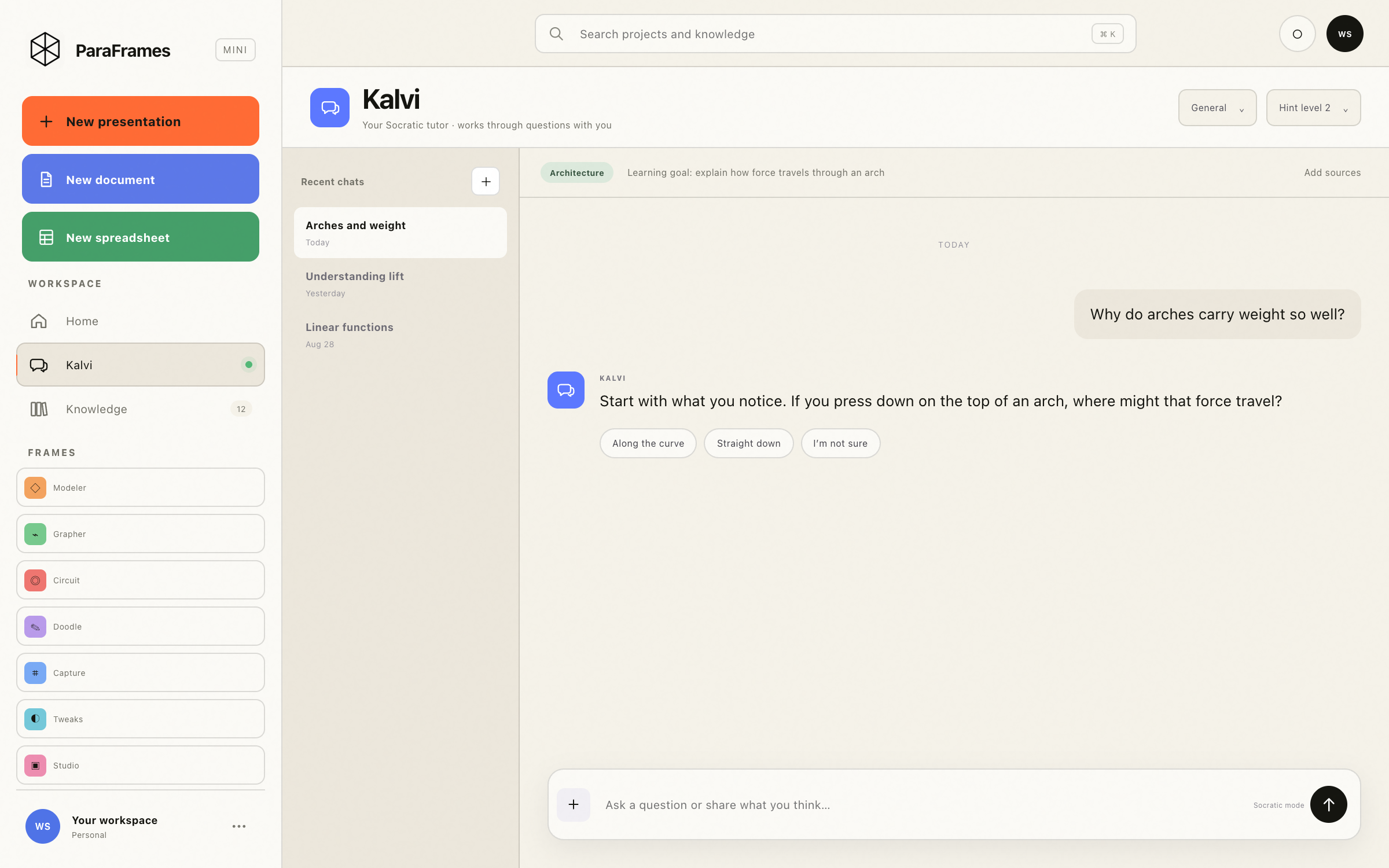 ParaFrames Mini showing Kalvi guiding a learner through a question