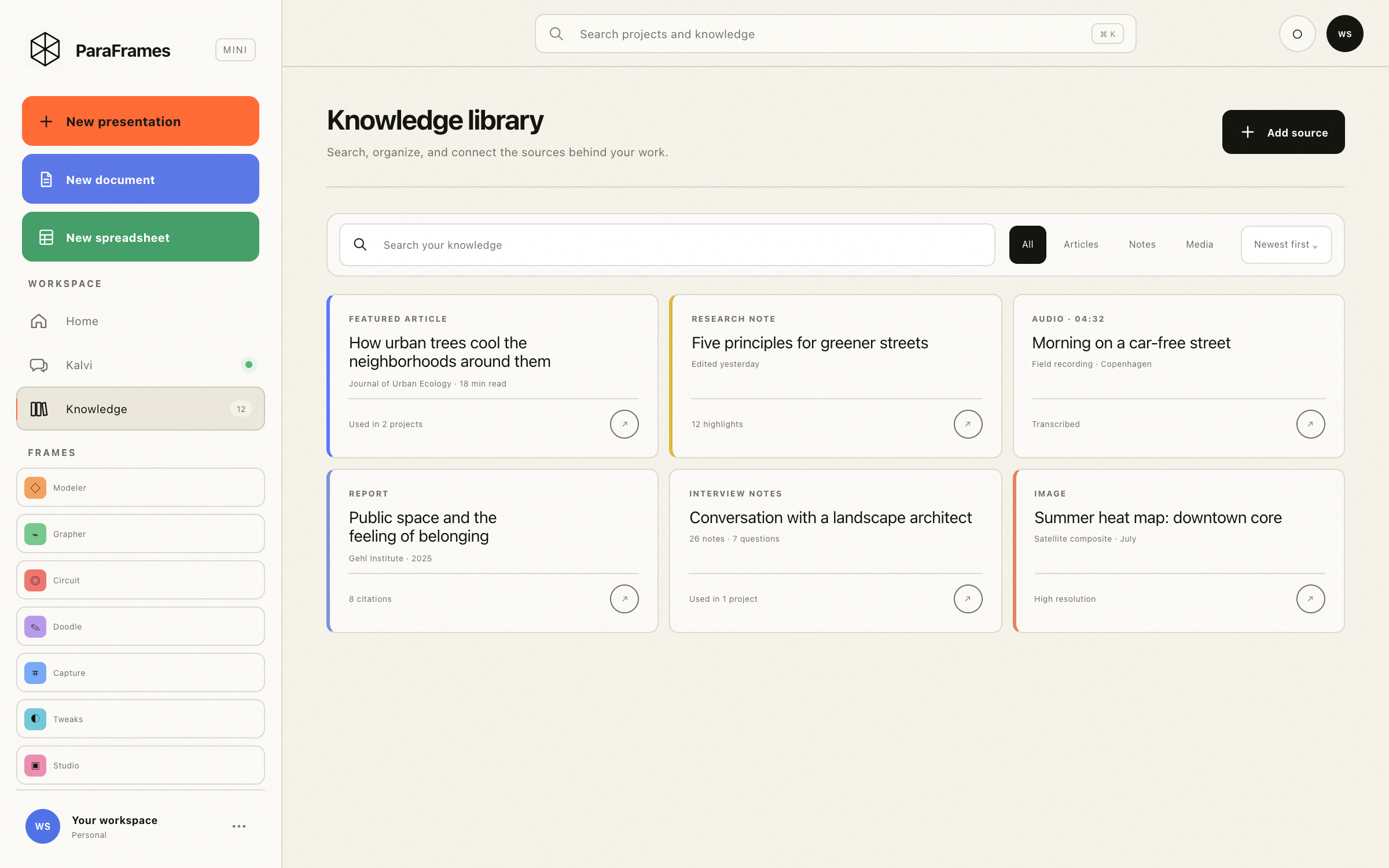 ParaFrames Mini Knowledge Library with organized sources and library health